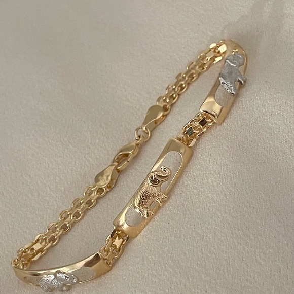 18k Gold Filled Two Tone Filigree Elephants Bracelet - Picture 3 of 7